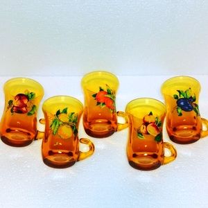 1960's Amber Glass Hooked Handle Juice Tea Cups Fruit Print